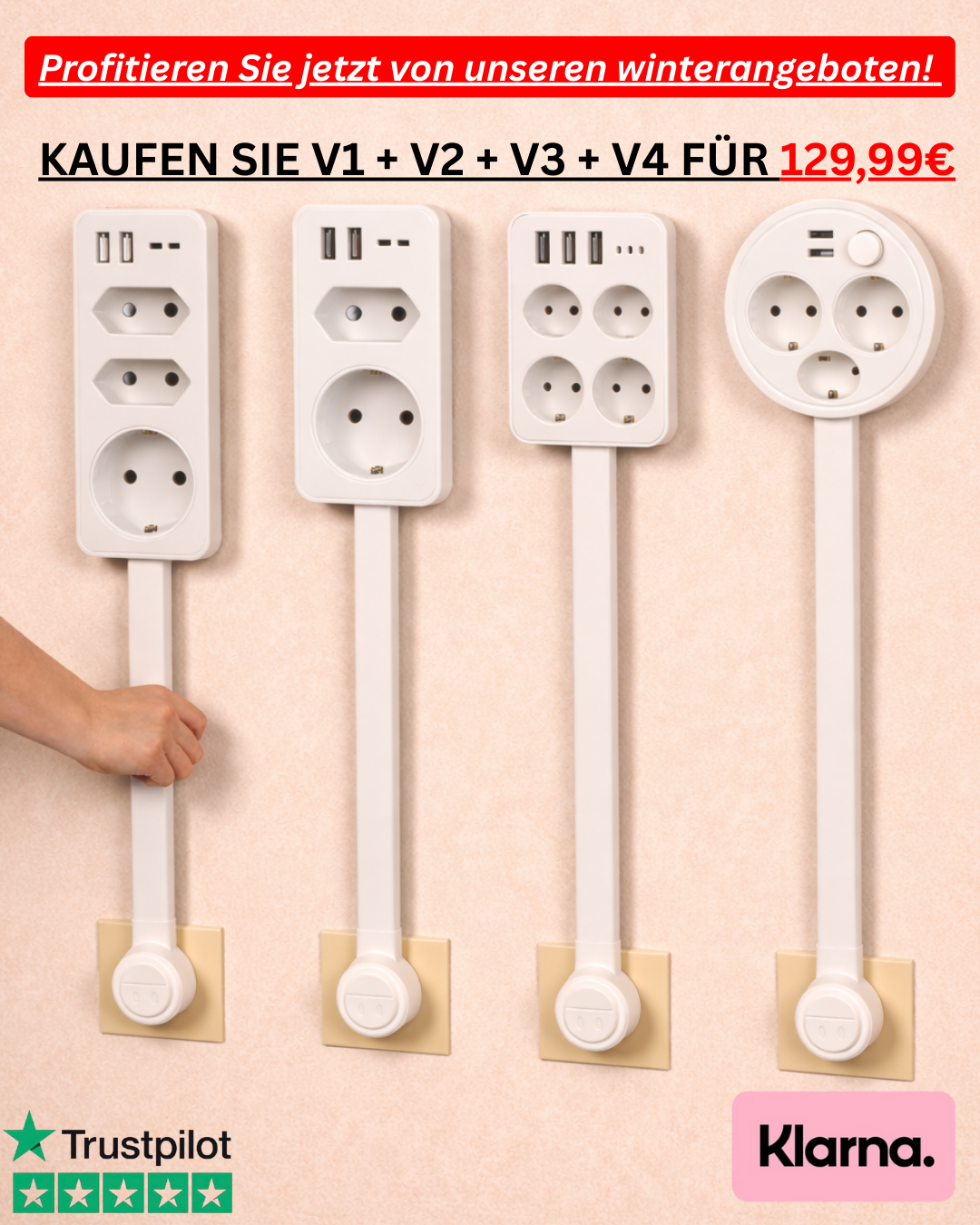 INIA® – Set mit 4 ausziehbaren und drehbaren Steckdosenverlängerungen